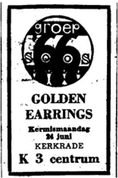 Golden Earrings show ad June 24, 1968 Kerkrade - K3 centrum